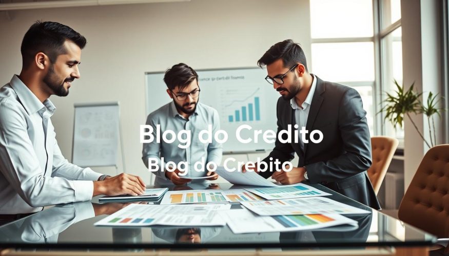 A professional office environment focused on personal finance organization for freelancers. In the foreground, a diverse group of three individuals—two men and one woman—are examining colorful spreadsheets and financial documents on a sleek glass table. They are dressed in professional business attire, showcasing collaboration and strategy. In the middle ground, a whiteboard displays charts and graphs, illustrating financial goals and budgeting strategies. The background features a bright and modern office with large windows letting in natural light, creating an airy atmosphere. The warm lighting highlights the determination on their faces, embodying a mood of focus and motivation. The scene subtly incorporates the brand name "Blog do Crédito" within the context of their financial discussion.