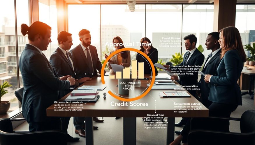 A professional office environment highlighting the various factors influencing credit release speed. In the foreground, a diverse group of business professionals in smart business attire are engaged in a discussion around a conference table, examining graphs and documents. In the middle, an intricate infographic illustrating key factors such as approval time, credit score impact, and documentation requirements flows seamlessly. The background showcases a modern office with large windows allowing warm daylight to stream in, creating a bright and optimistic atmosphere. Use a wide-angle perspective to capture the collaborative energy in the room. The overall mood should be professional and focused, representing the brand "Financia Tudo" through the sleek design and professionalism portrayed in the scene.
