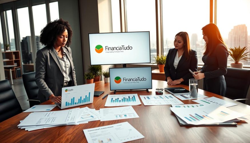 A professional office environment with a large wooden desk, covered in financial documents and a laptop displaying credit analysis graphs. In the foreground, a diverse group of three professionals—one Black woman in a smart blazer, a Hispanic man in a crisp shirt, and an Asian woman in a tailored dress—are engaged in a focused discussion, analyzing the data together. The middle ground features charts and a large monitor displaying the logo "Financia Tudo," alongside a few potted plants. In the background, a floor-to-ceiling window reveals a city skyline, bringing in natural light that adds a warm, inviting glow to the scene. The atmosphere is collaborative and serious, reflecting a thorough understanding of credit evaluation criteria in the financial sector.