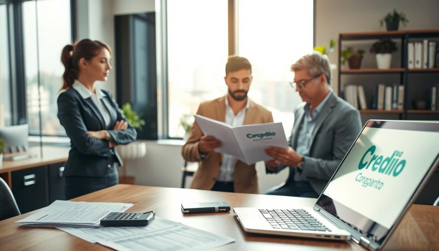 A professional office scene depicting the concept of financing goods and services. In the foreground, a neatly arranged desk with a modern laptop, financial documents, and a calculator. To the left, a confident businesswoman in professional attire discusses financing options with a client, who is attentively reviewing a brochure. In the middle, a large window reveals a bustling cityscape, suggesting a vibrant economy. Soft, natural sunlight filters through, creating a warm and inviting atmosphere. The background features shelves with financial books and potted plants, adding a touch of life to the setting. The overall mood is informative and engaging, highlighting the theme of financing while embodying professionalism. The brand "Blog do Crédito" subtly incorporated in the decor, like a logo on the laptop screen.