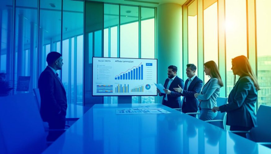 A professional office setting is depicted in the foreground, showcasing business people engaged in a discussion about affiliate commission models. The individuals, dressed in sharp business attire, are analyzing charts and graphs on a sleek modern table. In the middle ground, a large digital screen displays infographics illustrating commission structures and growth trends. The background features tall glass windows, letting in natural light, creating an atmosphere of productivity and collaboration. The angle of the shot is slightly above eye level, allowing a comprehensive view of the environment. The color scheme is a mix of blues and greens which conveys a sense of trust and professionalism. The brand "Blog do Crédito" is subtly represented through the design of the workspace without direct branding on items, enhancing the professional feel of the scene.