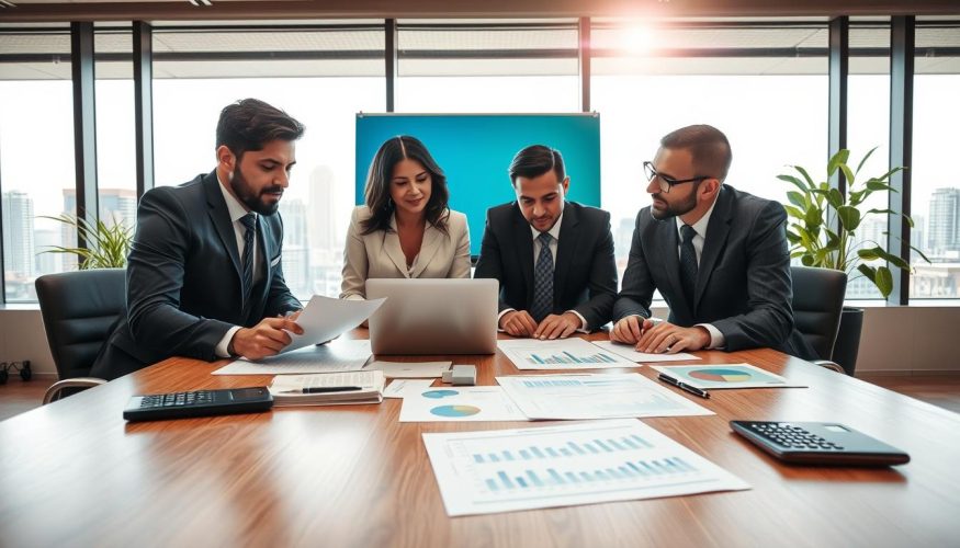 A professional office setting representing financial stability and credit history. In the foreground, a diverse group of three professionals dressed in smart business attire—two men and one woman—are engaged in a discussion while analyzing documents and financial reports on a sleek wooden table. In the middle, various financial tools like a laptop, a calculator, and graphs can be seen, symbolizing the importance of managing credit and finances. The background features a large window with natural light streaming in, providing a bright and optimistic ambiance, along with a city skyline view that suggests prosperity. The overall mood is focused and professional, conveying the significance of a strong credit history in personal finance. Include the brand "Blog do Crédito" subtly in the environment, like on a document or presentation board.