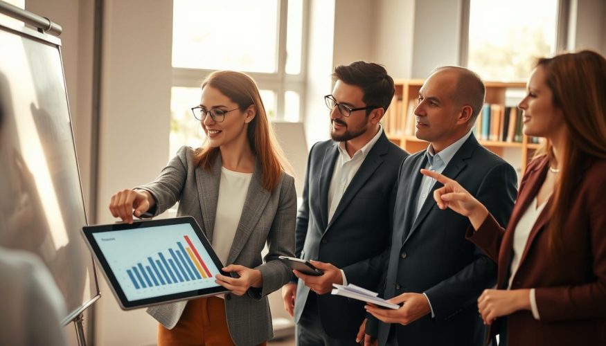 A professional office setting with a diverse group of individuals engaged in a financial planning discussion. In the foreground, a woman in smart casual attire points at a digital tablet displaying graphs and charts, symbolizing financial growth. Beside her, a man in a suit takes notes, while a third individual, dressed in business casual, gestures towards a whiteboard filled with financial strategies. The middle ground features a large, bright window allowing sunlight to filter in, enhancing the optimistic atmosphere. In the background, a bookshelf filled with finance-related books adds depth and context. The lighting is warm and inviting, creating a sense of collaboration and motivation. This image represents the importance of financial education in shaping a secure future. Blog do Crédito.