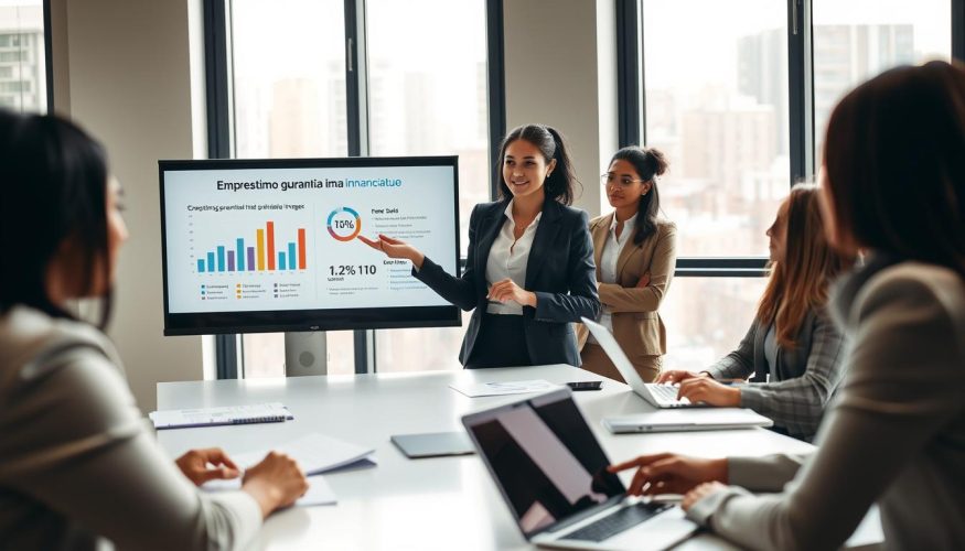 A professional office space featuring a diverse group of businesspeople engaged in a serious discussion about real estate financing. In the foreground, a confident woman in a smart business outfit points towards a digital presentation on a screen showcasing graphs and charts related to "empréstimo garantia imóvel." The middle ground includes a sleek conference table with documents and laptops, while the background displays a large window overlooking a cityscape. Soft, natural lighting filters through the glass, creating a warm, collaborative atmosphere. Subtle touches like a branded "Financia Tudo" logo on a presentation slide help contextualize the subject of credit advantages. The overall mood is focused and optimistic, emphasizing teamwork and financial opportunities.