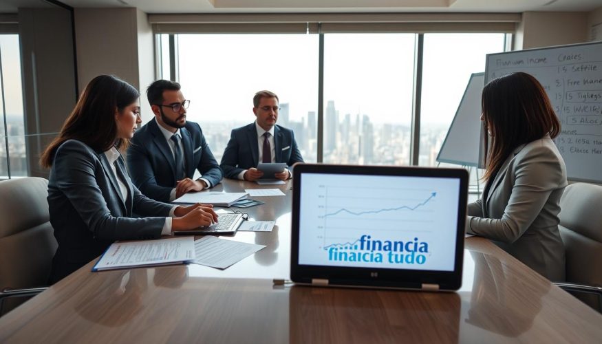 A professional scene illustrating the concept of minimum income for real estate financing, set in a modern office environment. In the foreground, a diverse group of three individuals, dressed in smart business attire, are engaged in a focused discussion around a sleek conference table filled with financial documents and a laptop showing graphs and charts. In the middle, a large window offers a panoramic view of a city skyline, symbolizing opportunity. The background features a whiteboard with financial terms and strategies visible, creating an educational atmosphere. Soft, natural light floods the room, highlighting the determination on their faces. The mood is serious yet hopeful, conveying the importance of understanding the factors influencing credit approval. The logo "Financia Tudo" subtly integrated into the presentation on the laptop screen.