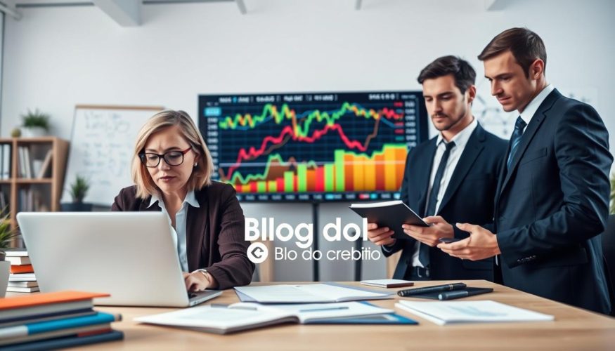 A professional setting depicting a diverse group of individuals in business attire, focused on analyzing financial data related to variable income. In the foreground, a middle-aged woman with glasses is examining stock charts on a laptop, while beside her, a young man is taking notes on a notepad. In the middle, a colorful graph is displayed on a large screen, showing fluctuating stock prices and trends. The background features a modern office with financial books, plants, and a whiteboard filled with strategies. The lighting is bright and inviting, evoking a mood of determination and clarity. The image should visually communicate the theme of financial planning and cash flow control through variable income. The brand "Blog do Crédito" should be subtly integrated into the office environment.