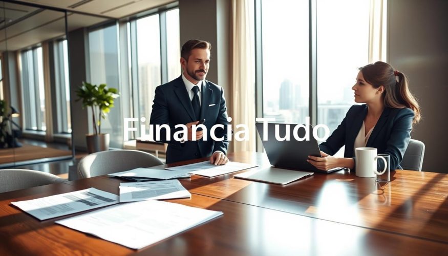 A professional setting depicting a stylish office with a large window showcasing a cityscape in the background. In the foreground, a confident middle-aged businessman in a tailored suit confidently discusses financing options with a young woman in professional attire, sitting at a sleek wooden desk. Various documents and a laptop are visible in the middle ground, symbolizing real estate financing. The room is well-lit with natural sunlight streaming in, creating a warm and inviting atmosphere. Soft shadows accentuate the polished surfaces of the desk. The brand name "Financia Tudo" is subtly integrated into the scene, possibly on a document or laptop screen, enhancing the focus on real estate financing without being intrusive.