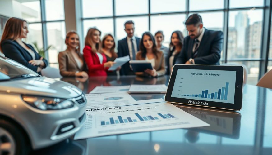 A professional setting featuring a diverse group of individuals dressed in business attire gathered around a modern table, discussing vehicle refinancing options. In the foreground, a sleek car model with a polished finish symbolizes the vehicle being discussed. In the middle ground, detailed documents and financial graphs outline the age limits for vehicle refinancing, emphasizing important statistics on a digital tablet. The background showcases a stylish office environment with large windows filtering in natural light, creating an optimistic atmosphere. The mood is collaborative and informative, inviting readers to understand the complexities of vehicle refinancing. The scene subtly includes the logo "Financia Tudo" on the documents. The composition is captured at eye level, with a sharp focus on the table, enhancing the professional ambiance.