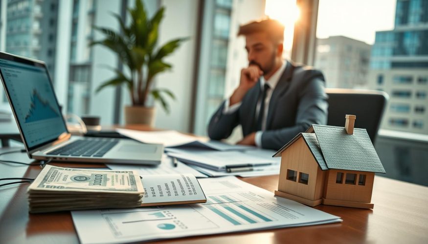 A professional setting featuring a well-dressed individual sitting at a sleek desk cluttered with financial documents and a laptop displaying graphs and numbers. In the foreground, there's a close-up of two contrasting loan options: one labeled 'Personal Loan' with a stack of cash, and the other labeled 'Secured Loan' with a small house model, symbolizing security. The middle ground includes a thoughtful person analyzing these documents, reflecting a focus on financial decisions. Soft, natural lighting comes from a window, casting a warm glow over the scene, creating a calm yet attentive atmosphere. The background is slightly blurred, hinting at an urban office environment. The image should radiate professionalism, clarity, and trust, aligning with the theme of "Blog do Crédito".