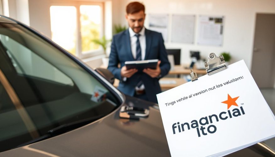 A professional setting focusing on vehicle appraisal for loan purposes. In the foreground, a focused loan officer in business attire examines a sleek, modern car—highlighting its features with a clipboard in hand. The middle ground showcases an open office environment with a desk containing paperwork, computer, and documents about vehicle valuation. The background features a window revealing a bright day outside, enhancing the professionalism of the scene. Soft, natural lighting illuminates the space, creating a warm and inviting atmosphere. Subtle hints of branding are included, with a logo for "Financia Tudo" discreetly placed on the clipboard. The image captures an engaging and informative moment, ideal for illustrating the evaluation process for auto loans.