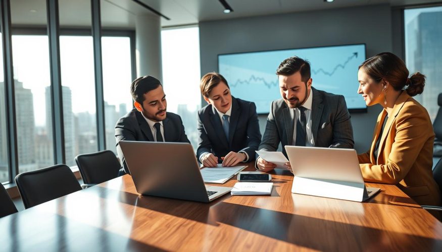 A professional setting illustrating debt negotiation with banks. In the foreground, a diverse group of three individuals—two men and one woman—dressed in smart business attire, are engaged in a serious discussion over documents and a laptop on a polished wooden table. In the middle ground, a modern office environment with large windows letting in soft natural light, casting gentle shadows. A large financial chart is visible on a screen, representing fluctuating interest rates. In the background, a sleek city skyline adds depth. The mood is focused and collaborative, reflecting the importance of finding financial solutions. The scene encapsulates negotiation dynamics effectively. Blog do Crédito.