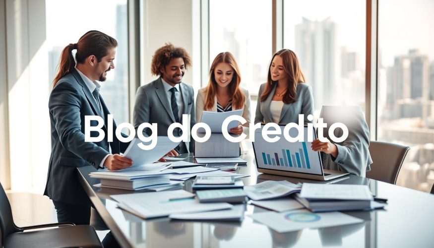 A professional setting illustrating the concept of "consórcio financiamento". In the foreground, a diverse group of three business professionals (a man and two women) are discussing financial documents, each wearing smart business attire. The middle layer features a modern conference table cluttered with brochures about consórcio and financing options, alongside a laptop displaying financial graphs. In the background, a large window lets in soft natural light, showcasing a city skyline, creating a bright and optimistic atmosphere. The image should have a slight depth of field, focusing on the group while gently blurring the background. The overall mood is collaborative and informative, emphasizing teamwork and decision-making around financial choices. Include the brand name "Blog do Crédito" subtly in the scene without any text overlays.