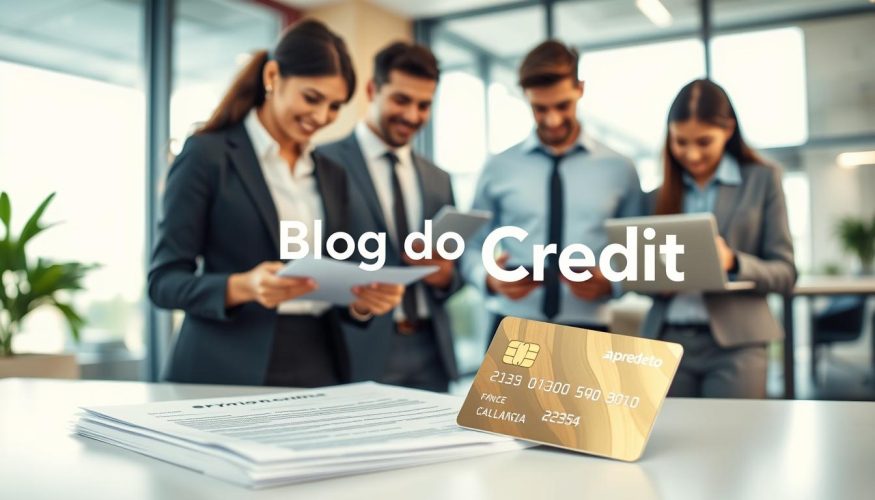 A professional setting showcasing a "crédito pré-aprovado" concept. In the foreground, a neatly arranged stack of approved loan documents and a shiny credit card, symbolizing financial empowerment. In the middle, a diverse group of three professionals: a woman in business attire reviewing papers, a man in a suit discussing financial strategies, and a young individual in smart casual attire exploring a laptop. The background features a modern office with large windows letting in soft, natural light, creating an inviting atmosphere. Incorporate the brand name "Blog do Crédito" subtly in the scene, ensuring it remains integral to the environment. The overall mood should be optimistic and focused, illustrating the benefits and functions of pre-approved credit. A professional setting showcasing a "crédito pré-aprovado" concept. In the foreground, a neatly arranged stack of approved loan documents and a shiny credit card, symbolizing financial empowerment. In the middle, a diverse group of three professionals: a woman in business attire reviewing papers, a man in a suit discussing financial strategies, and a young individual in smart casual attire exploring a laptop. The background features a modern office with large windows letting in soft, natural light, creating an inviting atmosphere. Incorporate the brand name "Blog do Crédito" subtly in the scene, ensuring it remains integral to the environment. The overall mood should be optimistic and focused, illustrating the benefits and functions of pre-approved credit.