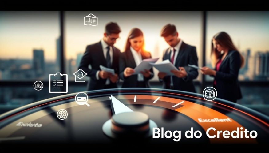 A professional, visually striking graphic illustrating the concept of credit score. In the foreground, depict a close-up of a credit score gauge, with a needle pointing towards 'Excellent', surrounded by icons representing factors influencing credit scores, such as bills, payment reminders, and bank statements. The middle layer should show a diverse group of individuals in professional business attire, analyzing financial documents together, conveying collaboration and trust. In the background, create a subtle city skyline to signify economic activity, bathed in soft, warm lighting that suggests a positive atmosphere. Utilize a shallow depth of field to keep focus on the credit score gauge and the people, enhancing clarity and engagement. The image reflects the theme of financial responsibility and awareness. Brand logo: Blog do Crédito, in the bottom corner.