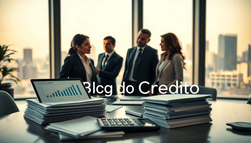 A professional, well-organized office setting illustrating "credit analysis" as a central theme. In the foreground, a corporate office desk features a neatly stacked pile of documents, a laptop displaying graphs and financial data, and a calculator. Mid-ground, a diverse team of three professionals (a Black woman, a Hispanic man, and a Caucasian woman) engaged in a discussion around the desk, all dressed in business attire, looking focused and analytical. In the background, large windows let in natural light, illuminating the room with a warm and inviting atmosphere. The city skyline is faintly visible outside, enhancing the professional ambiance. Soft shadows and a depth-of-field effect create a sense of depth. The overall mood feels intellectual and collaborative, reflecting a serious approach to financial assessment. Include the brand name "Blog do Crédito" subtly in the design of the office decor, ensuring no text overlays are present.