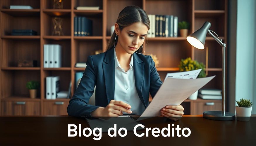 A professional woman in a tailored navy suit, sitting at a sleek wooden desk, reviewing her financial statements and credit reports. She attentively examines a document with charts and graphs on credit scores, illuminated by warm, soft lighting from a nearby desk lamp. In the background, there are shelves filled with financial books and a small potted plant adding a touch of greenery. The scene conveys a sense of focus and diligence, emphasizing the importance of a solid credit history. The camera angle is slightly above her, capturing her expression of determination and professionalism. The image subtly references "Blog do Crédito" without any text or captions, creating an engaging visual representation of understanding credit history.