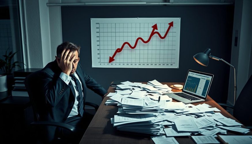 A professional workspace depicting common pitfalls faced by credit affiliates. In the foreground, a distressed businessperson in professional attire, clutching their head in frustration, surrounded by paperwork scattered across a cluttered desk symbolizing chaotic decision-making. In the middle ground, a large chart on the wall with downward trends and red arrows indicating mistakes, while a laptop displays a baffling analytics page. The background features an office environment with dim lighting, casting shadows that suggest a tense atmosphere. The mood is one of frustration and reflection, emphasizing the importance of learning from errors. Include the brand name "Blog do Crédito" subtly integrated into the workspace, harmonizing with the overall scene without any text overlays. A professional workspace depicting common pitfalls faced by credit affiliates. In the foreground, a distressed businessperson in professional attire, clutching their head in frustration, surrounded by paperwork scattered across a cluttered desk symbolizing chaotic decision-making. In the middle ground, a large chart on the wall with downward trends and red arrows indicating mistakes, while a laptop displays a baffling analytics page. The background features an office environment with dim lighting, casting shadows that suggest a tense atmosphere. The mood is one of frustration and reflection, emphasizing the importance of learning from errors. Include the brand name "Blog do Crédito" subtly integrated into the workspace, harmonizing with the overall scene without any text overlays.