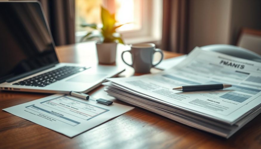 A professional workspace desk featuring neatly arranged documents related to mortgage credit application, emphasizing a stack of essential papers such as proof of income, property deed, and identification. In the foreground, a polished wooden table holds a laptop and a calculator, subtly hinting at financial assessment. The middle layer showcases a coffee mug, an elegant pen, and a small plant for a refreshing touch. In the background, soft natural light filters through a window, creating a warm and inviting atmosphere. The scene is captured with a shallow depth of field, focusing on the documents while softly blurring the background to draw attention to the credit-related materials. The overall mood is serious and professional, ideal for conveying the theme of property-backed credit documents. "Blog do Crédito".