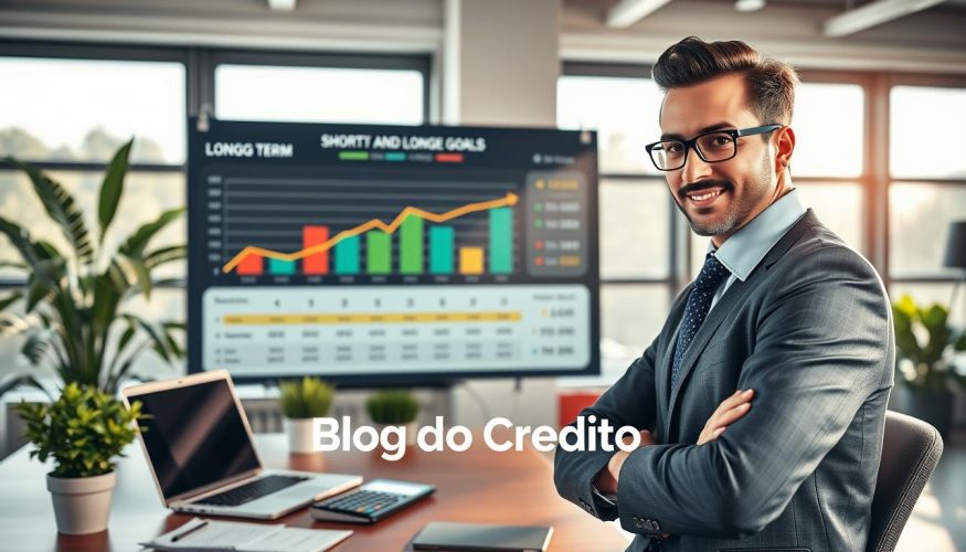 A professional workspace illustrating short and long-term financial goals. In the foreground, a confident business person in professional attire is focused on a large, colorful chart displaying financial metrics and timelines, emphasizing short-term and long-term goals. The middle ground features a sleek desk with a laptop, financial documents, and a stylish calculator, surrounded by green plants for a touch of nature. In the background, there are large windows with bright daylight streaming in, creating a warm and inviting atmosphere. The overall mood is one of motivation and focus, showcasing a proactive approach to managing finances. The image subtly features the brand name "Blog do Crédito" integrated into the workspace elements. A professional workspace illustrating short and long-term financial goals. In the foreground, a confident business person in professional attire is focused on a large, colorful chart displaying financial metrics and timelines, emphasizing short-term and long-term goals. The middle ground features a sleek desk with a laptop, financial documents, and a stylish calculator, surrounded by green plants for a touch of nature. In the background, there are large windows with bright daylight streaming in, creating a warm and inviting atmosphere. The overall mood is one of motivation and focus, showcasing a proactive approach to managing finances. The image subtly features the brand name "Blog do Crédito" integrated into the workspace elements.