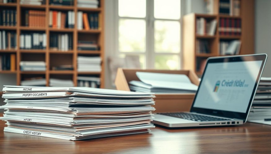 A professional workspace showcasing "organização documental" for credit documentation. In the foreground, a well-organized wooden desk with neatly stacked folders labeled with categories like "Income," "Property Documents," and "Credit History." An elegant laptop displays a spreadsheet on the screen. In the middle ground, an open filing cabinet reveals additional organized documents, color-coded and sorted. The background features a bookshelf filled with professional books on finance and credit, softly illuminated by natural light coming through a window, creating a warm atmosphere. The overall mood is focused and diligent, reflecting the importance of proper document organization. The image conveys professionalism and clarity, embodying the significance of documentation for credit with property guarantee, suitable for an article by Blog do Crédito.
