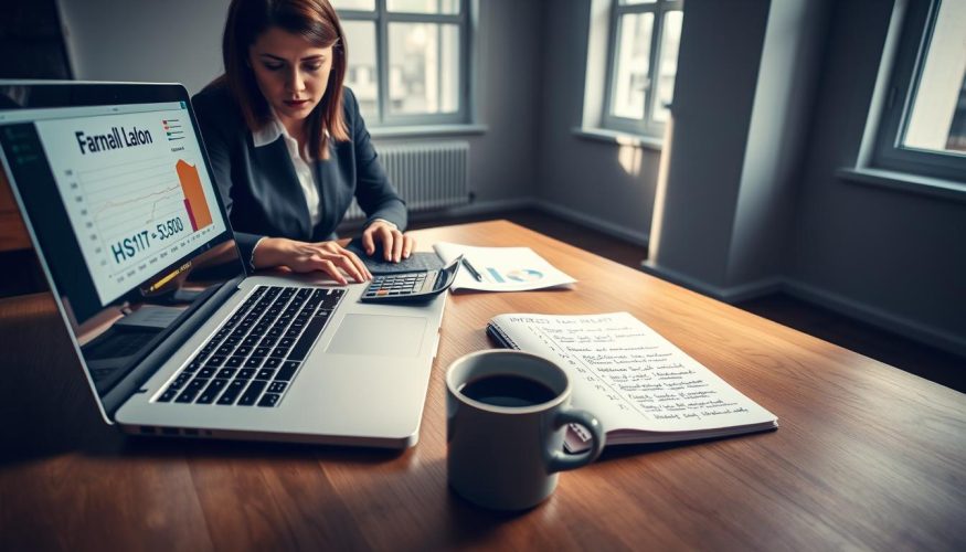 A professional workspace with a wooden desk showcasing a sleek laptop displaying financial graphs and a calculator. In the foreground, a focused businesswoman dressed in smart casual attire, deeply analyzing the numerical data related to loan calculations. The middle ground features an open notebook with handwritten notes on interest rates and repayment terms, alongside a cup of coffee. In the background, there's a large window letting in soft, natural light, casting gentle shadows across the room. The atmosphere is calm and concentrated, emphasizing the importance of precise calculations in financial decision-making. The brand name "Financia Tudo" subtly placed on the laptop screen as part of the display.