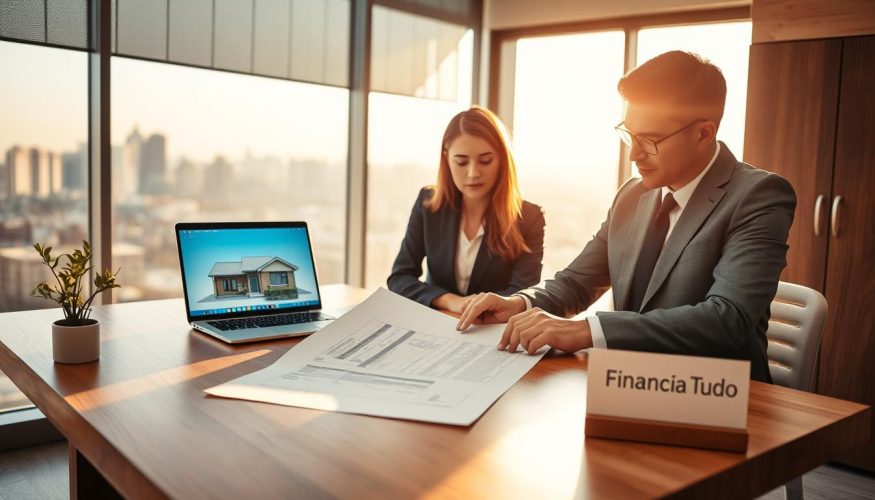 A serene office setting focused on real estate leasing, featuring a well-dressed professional couple discussing property agreements over a modern wooden desk. In the foreground, they are examining a rental contract and blueprints, conveying a sense of diligence and preparation. The middle ground includes a laptop displaying a property listing and a small indoor plant, symbolizing growth and opportunity. The background features a sleek window with a view of a city skyline, bathed in warm afternoon sunlight that casts gentle shadows, creating an inviting atmosphere. On the desk, a discreet sign with the brand name "Financia Tudo" is visible, emphasizing the theme of financial support for property leasing. The overall mood is focused and professional, reflecting the legal aspects of renting a property.