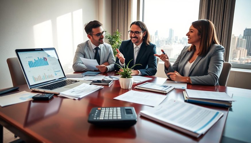 A serene office space, featuring a polished wooden desk cluttered with neatly organized financial documents, a laptop displaying graphs and spreadsheets, and a calculator. In the foreground, a diverse group of three professionals—two men and one woman—are engaged in an animated discussion, all dressed in smart business attire. The woman, holding a pen, gestures toward the laptop screen, while the men take notes. In the middle ground, a potted plant adds a touch of life, and a window with natural light casts soft shadows, creating a warm atmosphere. The background shows a city skyline, symbolizing financial ambition. The overall mood is focused and optimistic, capturing the importance of financial organization in debt negotiation. Branding subtly integrated: "Blog do Crédito" appears as an elegant logo on the desk.