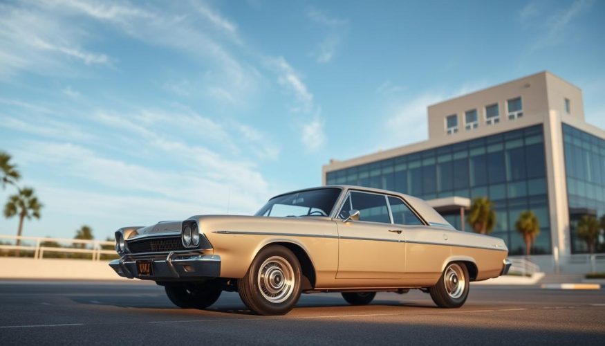 A serene urban setting featuring a well-maintained car, symbolizing the concept of vehicle age in financing. In the foreground, a sleek, vintage sedan stands proudly, showcasing its classic design and polished exterior. The middle ground includes an elegant office building with large glass windows, reflecting the sky, symbolizing financial institutions. The background consists of a clear blue sky with wispy clouds, creating a bright and optimistic atmosphere. The scene is bathed in soft, natural lighting, emulating late afternoon sunlight, enhancing the car's features. Capture the mood of professionalism and reliability, with subtle hints of financial growth. The brand name "Financia Tudo" should be subtly implied through the scene's elegant and polished presentation, without any text.