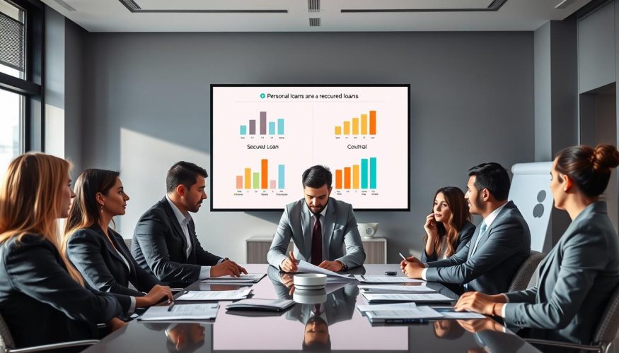 A thoughtful and professional scene depicting the differences between personal loans and secured loans. In the foreground, a diverse group of business professionals, dressed in smart business attire, sits around a modern conference table, examining financial documents and charts. In the middle ground, a large screen displays contrasting graphs illustrating loan types and their benefits. The background features a sleek office with large windows, allowing natural light to illuminate the space, casting soft shadows. The atmosphere is focused and collaborative, evoking a sense of careful analysis and decision-making. Include subtle branding elements for "Financia Tudo" in the office decor, ensuring the overall image has a polished and sophisticated appearance.