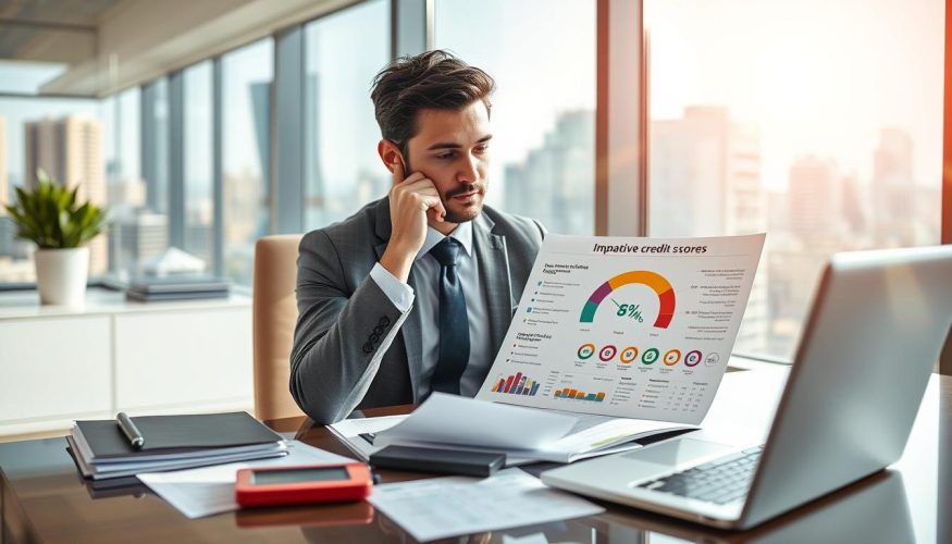 A thoughtful scene depicting a person in a modern office, seated at a desk surrounded by financial documents, a laptop, and a calculator, symbolizing their financial analysis related to credit scores. The individual, dressed in professional business attire, examines a colorful infographic highlighting the impact of credit scores on financial decisions. In the background, a large window reveals a cityscape, indicative of economic opportunities, with bright natural light streaming in, creating a productive atmosphere. The composition focuses on the individual’s contemplative expression, emphasizing the weight of understanding financial implications. The mood conveys a combination of hope and concern, captured in a high-resolution format, using a slight depth of field to draw attention to the subject, with the brand name "Financia Tudo" subtly integrated into the office decor.