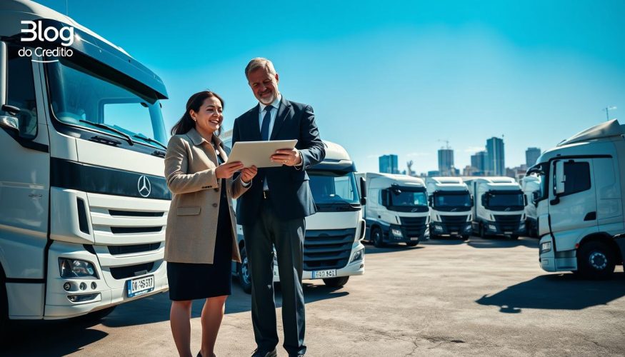 A vibrant and dynamic scene capturing a fleet renewal process for transport companies. In the foreground, a professional businesswoman in modest attire enthusiastically discusses with a middle-aged businessman, both examining plans on a tablet. In the middle ground, a modern fleet of trucks and vans showcases updated models of various sizes, gleaming under bright natural sunlight, indicating a fresh renewal. The background features a transport yard with a clear blue sky and an urban skyline to convey growth and opportunity. Soft shadows cast by the vehicles enhance depth, creating an uplifting and optimistic atmosphere. This image should reflect the themes of expansion, professionalism, and innovation in transport logistics. Include a subtle logo for "Blog do Crédito" in the corner for branding purposes. A vibrant and dynamic scene capturing a fleet renewal process for transport companies. In the foreground, a professional businesswoman in modest attire enthusiastically discusses with a middle-aged businessman, both examining plans on a tablet. In the middle ground, a modern fleet of trucks and vans showcases updated models of various sizes, gleaming under bright natural sunlight, indicating a fresh renewal. The background features a transport yard with a clear blue sky and an urban skyline to convey growth and opportunity. Soft shadows cast by the vehicles enhance depth, creating an uplifting and optimistic atmosphere. This image should reflect the themes of expansion, professionalism, and innovation in transport logistics. Include a subtle logo for "Blog do Crédito" in the corner for branding purposes.