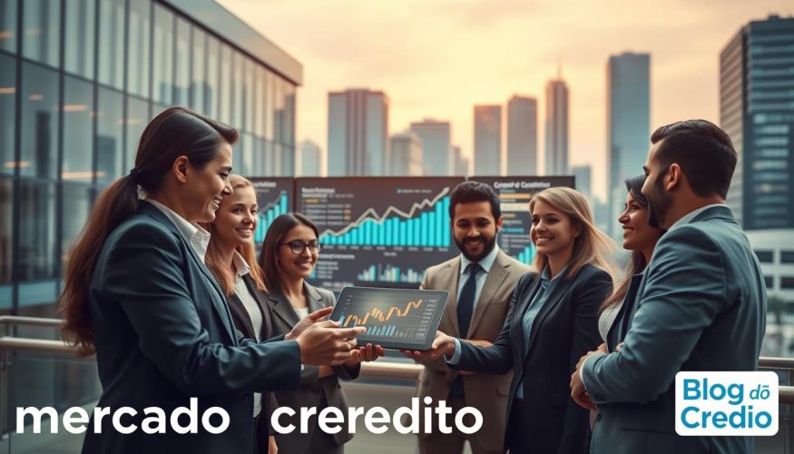 A vibrant and dynamic scene depicting the concept of "mercado crédito" in an urban setting. In the foreground, a diverse group of professional individuals in business attire are engaged in a lively discussion around a digital tablet, showcasing data analytics on credit trends. In the middle, a modern office space illustrates charts and graphs on large screens, indicating upward growth and financial indicators. The background features a sleek city skyline, suggesting economic activity and innovation. Soft, ambient lighting casts a warm glow, creating a welcoming atmosphere. The overall mood is optimistic and forward-looking, reflecting the importance of the credit market for economic development. Incorporate the logo of "Blog do Crédito" subtly in the corner to signify context without distracting from the image focus. A vibrant and dynamic scene depicting the concept of "mercado crédito" in an urban setting. In the foreground, a diverse group of professional individuals in business attire are engaged in a lively discussion around a digital tablet, showcasing data analytics on credit trends. In the middle, a modern office space illustrates charts and graphs on large screens, indicating upward growth and financial indicators. The background features a sleek city skyline, suggesting economic activity and innovation. Soft, ambient lighting casts a warm glow, creating a welcoming atmosphere. The overall mood is optimistic and forward-looking, reflecting the importance of the credit market for economic development. Incorporate the logo of "Blog do Crédito" subtly in the corner to signify context without distracting from the image focus.