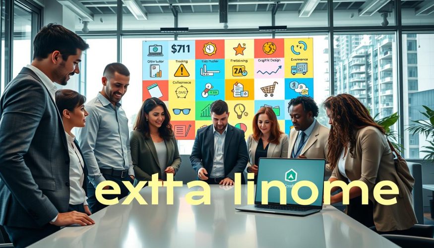 A vibrant and engaging scene depicting the concept of "extra income" in a contemporary setting. In the foreground, a diverse group of individuals, men and women of different ethnicities, dressed in professional business attire, gather around a laptop on a sleek table, analyzing financial charts. In the middle ground, a colorful wall display showcasing various side hustle ideas such as online tutoring, freelance graphic design, and e-commerce; each idea represented by vivid icons and illustrations. The background features a modern office space with large windows allowing natural light to flood the room, creating a bright and optimistic atmosphere. The overall mood is collaborative and encouraging, illustrating the potential of generating extra income. The brand "Blog do Crédito" subtly incorporated into the scene through a stylish logo on the laptop screen. A vibrant and engaging scene depicting the concept of "extra income" in a contemporary setting. In the foreground, a diverse group of individuals, men and women of different ethnicities, dressed in professional business attire, gather around a laptop on a sleek table, analyzing financial charts. In the middle ground, a colorful wall display showcasing various side hustle ideas such as online tutoring, freelance graphic design, and e-commerce; each idea represented by vivid icons and illustrations. The background features a modern office space with large windows allowing natural light to flood the room, creating a bright and optimistic atmosphere. The overall mood is collaborative and encouraging, illustrating the potential of generating extra income. The brand "Blog do Crédito" subtly incorporated into the scene through a stylish logo on the laptop screen.