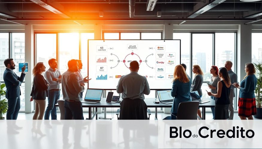 A vibrant and engaging workspace scene illustrating the concept of affiliate marketing. In the foreground, a group of diverse professionals, dressed in smart business attire, are animatedly discussing strategies, surrounded by digital devices displaying graphs and analytics. In the middle, a large screen shows a flowchart of affiliate networks and potential earnings, emphasizing connections between affiliates and brands. In the background, a modern office with large windows lets in natural light, creating a bright and energetic atmosphere. The lighting is warm and inviting, enhancing a mood of collaboration and innovation. The logo of "Blog do Crédito" is subtly integrated into the design elements of the workspace, symbolizing the financial focus of the article. A vibrant and engaging workspace scene illustrating the concept of affiliate marketing. In the foreground, a group of diverse professionals, dressed in smart business attire, are animatedly discussing strategies, surrounded by digital devices displaying graphs and analytics. In the middle, a large screen shows a flowchart of affiliate networks and potential earnings, emphasizing connections between affiliates and brands. In the background, a modern office with large windows lets in natural light, creating a bright and energetic atmosphere. The lighting is warm and inviting, enhancing a mood of collaboration and innovation. The logo of "Blog do Crédito" is subtly integrated into the design elements of the workspace, symbolizing the financial focus of the article.