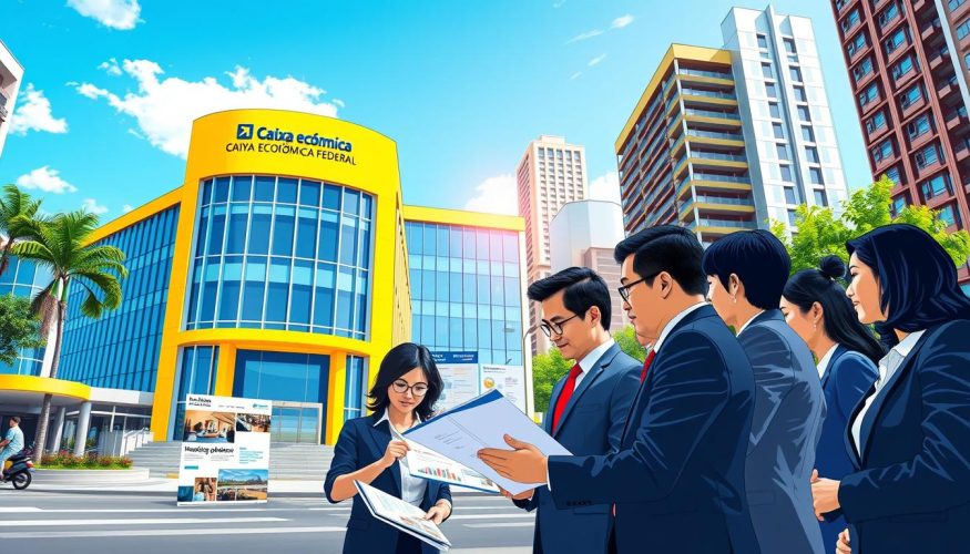 A vibrant and professional illustration of the "Caixa Econômica Federal" building, showcasing its modern architectural elements, prominently featuring the blue and yellow color scheme associated with the institution. In the foreground, a diverse group of professionals dressed in business attire is engaged in discussion, analyzing documents related to credit options and housing programs. The middle ground highlights financial brochures and visual displays that represent various financing options, indicating a focus on housing affordability. The background features a clear sky, modern urban buildings, and a sense of progress and opportunity. Bright, natural lighting enhances the atmosphere, reflecting optimism and accessibility, symbolizing the theme "Financia Tudo". The angle should be slightly elevated, capturing an expansive view of the scene.
