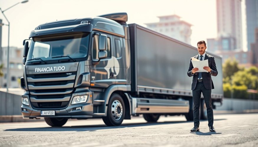 A vibrant and professional image illustrating the advantages of requesting financing for a truck. In the foreground, a sleek, modern truck stands proudly, its brand name "Financia Tudo" displayed prominently on the side. In the middle ground, a business professional in smart attire is reviewing documents with a confident expression, symbolizing the process of seeking financing. The background features a busy cityscape, with buildings and soft-focus greenery to convey a sense of opportunity and growth. The lighting is bright and clear, emphasizing the truck and the figure, creating a hopeful and encouraging atmosphere. The angle is slightly low, giving an empowering perspective on the truck as a valuable asset.