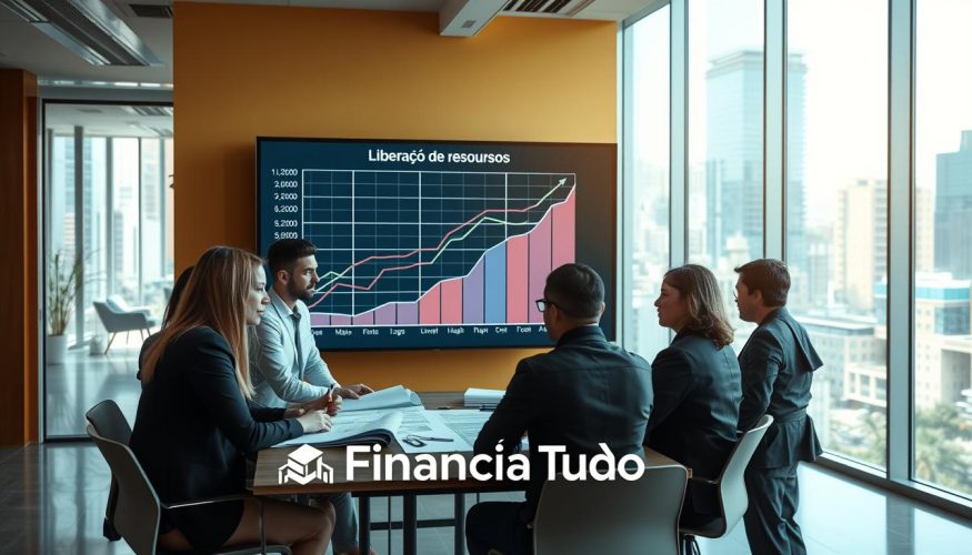 A vibrant office environment showcasing the concept of "liberação de recursos" for construction financing. In the foreground, a diverse group of professionals in business attire are engaged in a discussion around a table filled with blueprints and financial documents, symbolizing collaboration. The middle ground features a large screen displaying a graph of increasing financial resources and project timelines. In the background, large windows let in bright, natural light, reflecting a bustling urban landscape. The atmosphere is optimistic and focused, with a sense of urgency and hope for moving forward. The branding "Financia Tudo" is subtly incorporated into the scene, ensuring a professional setting without any text overlays or distractions.