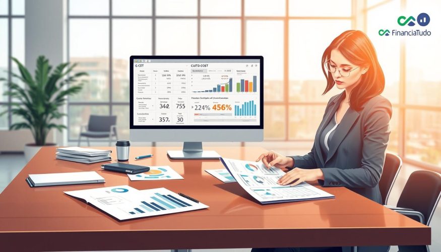 A visually engaging, professional illustration of "Custo Efetivo Total" (CET) to represent its concept clearly. In the foreground, a well-dressed businesswoman, wearing a stylish blazer, is analyzing financial documents on a polished wooden desk, with charts and graphs depicting interest rates and total costs. In the middle, a computer screen displays a detailed financial analysis, with numbers, percentages, and an infographic about CET. The background features a modern office setting with large windows allowing natural light to flood the space, creating a bright atmosphere that conveys professionalism. The mood is focused and analytical, with a sense of clarity and purpose. Include the logo of "Financia Tudo" subtly in the background, ensuring it's integrated into the environment without overshadowing the main elements.