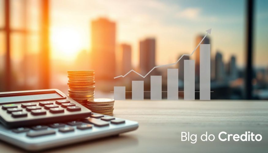 A visually engaging representation of the "Taxa Selic," showcasing its significance in the financial landscape. In the foreground, a calculator displaying numerical data symbolizes financial calculations, accompanied by a stack of rising coins, indicating growth. The middle ground features a bar graph illustrating interest rate trends, with upward and downward arrows to emphasize changes in the Taxa Selic. The background includes a blurred image of a modern city skyline, symbolizing economic activity, with soft morning light casting a warm glow. The atmosphere is professional yet approachable, signifying the importance of understanding financial concepts. Include the branding "Blog do Crédito" subtly integrated into the scene, ensuring no text overlays disrupt the visual focus.