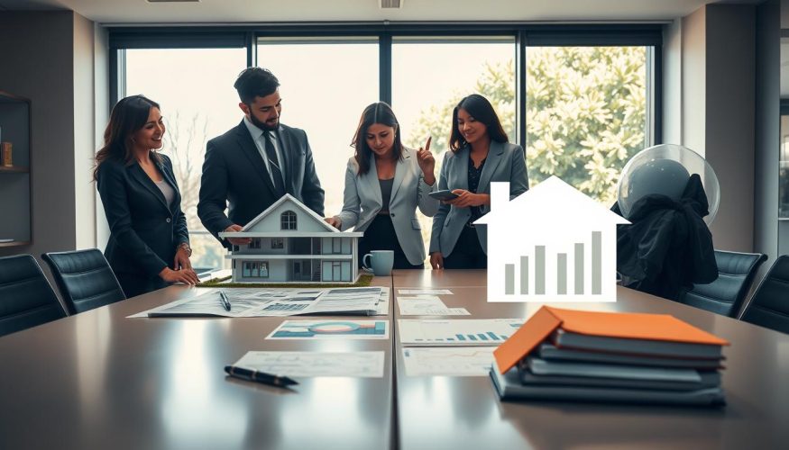 A visually engaging scene depicting the theme of financing versus renovation. In the foreground, a diverse group of three professionals in business attire gathers around a sleek conference table, analyzing building plans and financial documents. The middle ground features a split visual of a modern home being renovated on one side and financial charts and graphs symbolizing financing on the other. In the background, large windows allow natural light to fill the room, creating an open and inviting atmosphere. The mood is collaborative and focused, with a sense of tension between the two choices. The brand name "Financia Tudo" is subtly integrated into the design of the financial documents on the table. Wide-angle perspective, soft lighting highlighting key elements.