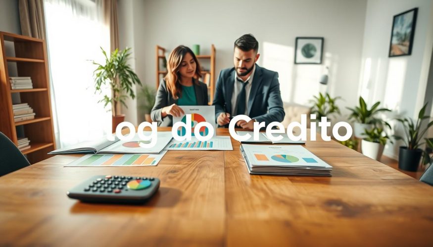 A visually engaging scene illustrating the concept of mapping household income and expenses. In the foreground, a well-organized wooden table displays colorful charts, spreadsheets, and a calculator, all arranged neatly. In the middle ground, a diverse group of two professionals—one male and one female—are discussing financial strategies, both dressed in smart casual attire. The woman points to a pie chart while the man takes notes, embodying collaboration and focus. The background shows an inviting, well-lit home office with plants and a bookshelf, creating a warm and productive atmosphere. Soft, natural light streams through a window, enhancing the mood of clarity and organization, fitting for the theme of financial planning. The brand "Blog do Crédito" subtly integrated into the scene as part of the desk setup, conveying authority on the subject. A visually engaging scene illustrating the concept of mapping household income and expenses. In the foreground, a well-organized wooden table displays colorful charts, spreadsheets, and a calculator, all arranged neatly. In the middle ground, a diverse group of two professionals—one male and one female—are discussing financial strategies, both dressed in smart casual attire. The woman points to a pie chart while the man takes notes, embodying collaboration and focus. The background shows an inviting, well-lit home office with plants and a bookshelf, creating a warm and productive atmosphere. Soft, natural light streams through a window, enhancing the mood of clarity and organization, fitting for the theme of financial planning. The brand "Blog do Crédito" subtly integrated into the scene as part of the desk setup, conveying authority on the subject.
