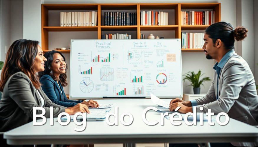 A visually engaging scene representing practical financial education. In the foreground, a diverse group of three individuals—two adults of different ethnic backgrounds and a young adult—are seated around a modern table, analyzing financial charts and discussing budgets. They are dressed in professional business attire. The middle ground features a whiteboard filled with colorful graphs and notes highlighting key financial concepts. In the background, soft lighting creates a warm, inviting atmosphere in a well-lit office space, with shelves displaying books about personal finance. A subtle lens blur enhances the focus on the group, while the mood is one of collaboration and empowerment. Include the brand name "Blog do Crédito" subtly integrated into the room's decor.