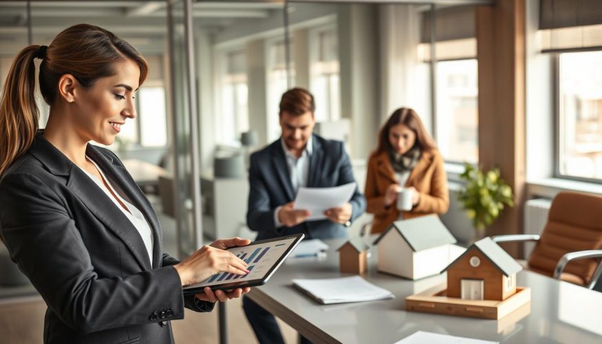 A visually striking professional setting, featuring two distinct sections that represent personal loans and secured loans. In the foreground, a confident businesswoman, dressed in a sharp business suit, is analyzing graphs on a tablet, symbolizing the advantages of personal loans. In the middle, a male financial advisor, wearing professional attire, discusses options with a couple, depicting the careful consideration of secured loans, with documents and a house model on the table. The background features a modern office with large windows, soft natural light flooding the space, creating a calm, professional atmosphere. Subtle branding of “Financia Tudo” can be incorporated into the office decor. The overall mood is informative and engaging, ideal for illustrating the benefits and risks associated with each credit option.