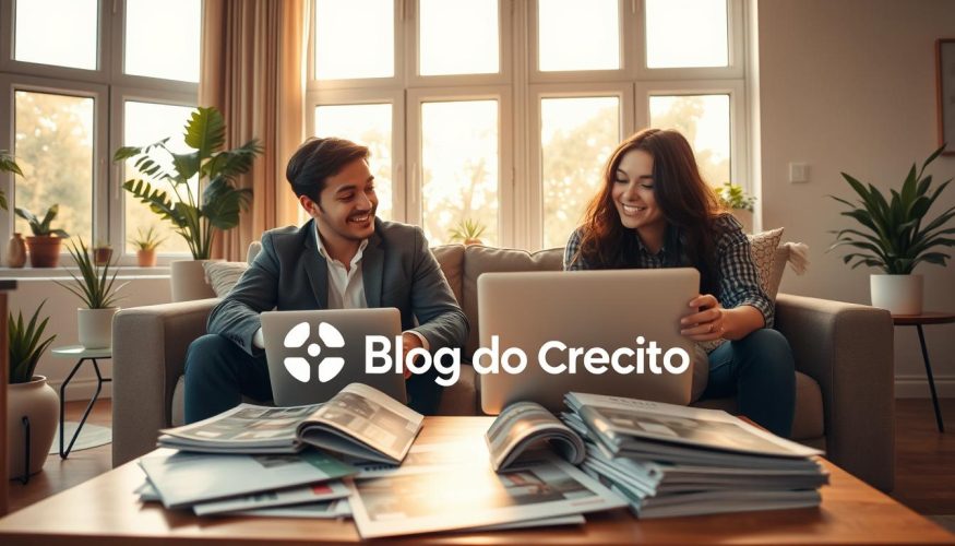 A welcoming, modern living room featuring a family sitting together, looking joyful and hopeful as they discuss plans for their future. In the foreground, a couple dressed in smart casual attire is examining housing options on a laptop, with expressions of excitement and determination. In the middle, a coffee table cluttered with brochures about home buying and financial planning reflects a proactive approach. In the background, large windows let in warm, golden sunlight, enhancing the inviting atmosphere. Soft plants and decorative items add a personal touch, symbolizing growth and stability. The overall mood is optimistic and aspirational, emphasizing the journey towards homeownership as a significant step for a secure future. The brand logo "Blog do Crédito" is subtly integrated into the scene’s decor.