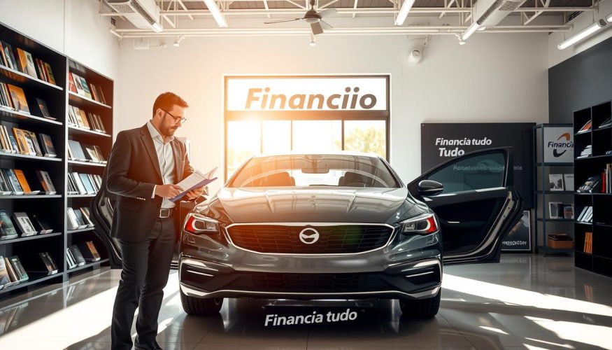 A well-lit, modern office space features a professional consultant assessing a vehicle's condition in the foreground. The consultant, dressed in business attire, examines the car's interior for signs of wear and tear, using a clipboard to note essential criteria for vehicle evaluation. The vehicle, a sleek sedan, is positioned in the center, showcasing its exterior and interior features for inspection. In the middle ground, a large window reveals a bright, sunny day outside, casting natural light onto the scene, enhancing visibility. The background includes shelves lined with automotive books and a wall displaying the "Financia Tudo" logo, emphasizing the importance of vehicle evaluation for credit. The atmosphere is professional and focused, conveying a sense of diligence and expertise.