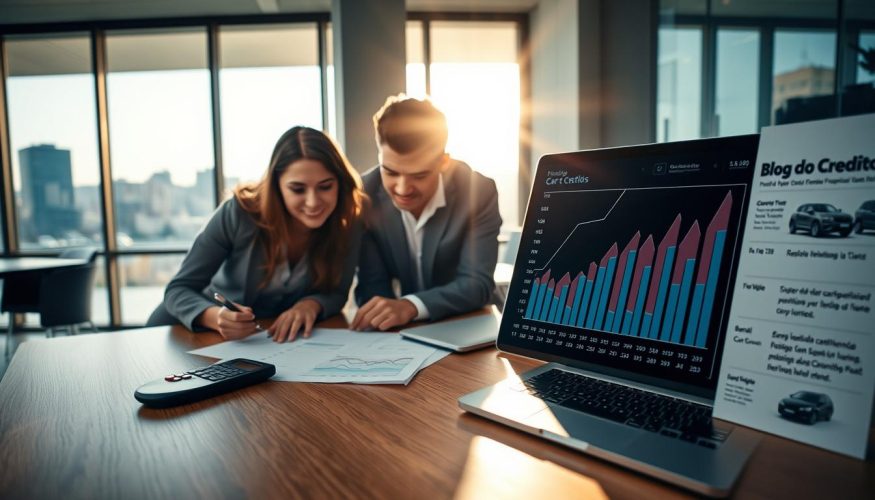A well-organized, professional setting showcasing a car financing consultation. In the foreground, a diverse group of three individuals, dressed in professional business attire, examines a document with a calculator on a sleek wooden table. The middle ground features a modern office with a large window displaying a cityscape. Sunlight filters through, creating a warm, inviting atmosphere. To the right, a close-up of a financial chart on a laptop screen illustrates car financing options. In the background, a neatly displayed brochure titled "Blog do Crédito" hints at car models available for financing. The mood is collaborative and informative, highlighting the theme of understanding vehicle financing processes. Capture this scene with soft lighting and a slightly elevated angle for depth. A well-organized, professional setting showcasing a car financing consultation. In the foreground, a diverse group of three individuals, dressed in professional business attire, examines a document with a calculator on a sleek wooden table. The middle ground features a modern office with a large window displaying a cityscape. Sunlight filters through, creating a warm, inviting atmosphere. To the right, a close-up of a financial chart on a laptop screen illustrates car financing options. In the background, a neatly displayed brochure titled "Blog do Crédito" hints at car models available for financing. The mood is collaborative and informative, highlighting the theme of understanding vehicle financing processes. Capture this scene with soft lighting and a slightly elevated angle for depth.