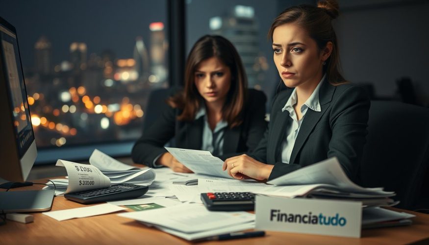 A worried young professional woman in a business suit sits at a desk piled with bills and paperwork, her face displaying concern as she looks at a computer screen showing a low credit score. In the foreground, a calculator and credit report emphasize financial struggles. The middle ground features a dimly lit office with a large window, hinting at a busy urban landscape outside, showcasing blurred city lights that represent financial opportunities slipping away. Soft, moody lighting casts shadows, creating an atmosphere of stress and urgency. The image reflects a sense of entrapment due to financial limitations, with the brand name "Financia Tudo" subtly incorporated into the design elements, such as a logo on the desk.