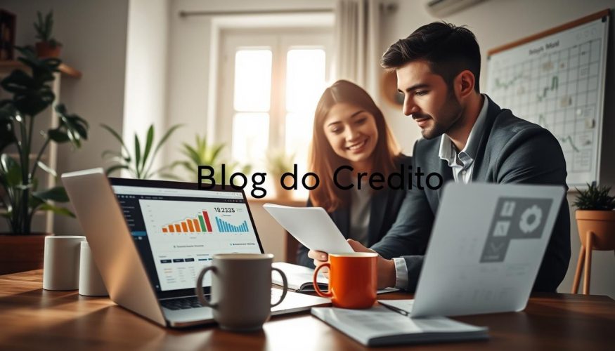 A young professional couple analyzing financial charts and documents at a modern home office, emphasizing their goal of buying a house instead of renting. The foreground features a laptop open with financial software displayed and coffee mugs. In the middle, the couple is engaged, dressed in professional business attire, highlighting determination. The background shows a cozy, well-lit workspace with house plants and a whiteboard filled with financial planning notes, creating an atmosphere of productivity and optimism. Soft, natural lighting enters through a large window, enhancing the warm and inviting space. The brand name "Blog do Crédito" subtly integrated into the design elements of the office, ensuring a clean and professional look.