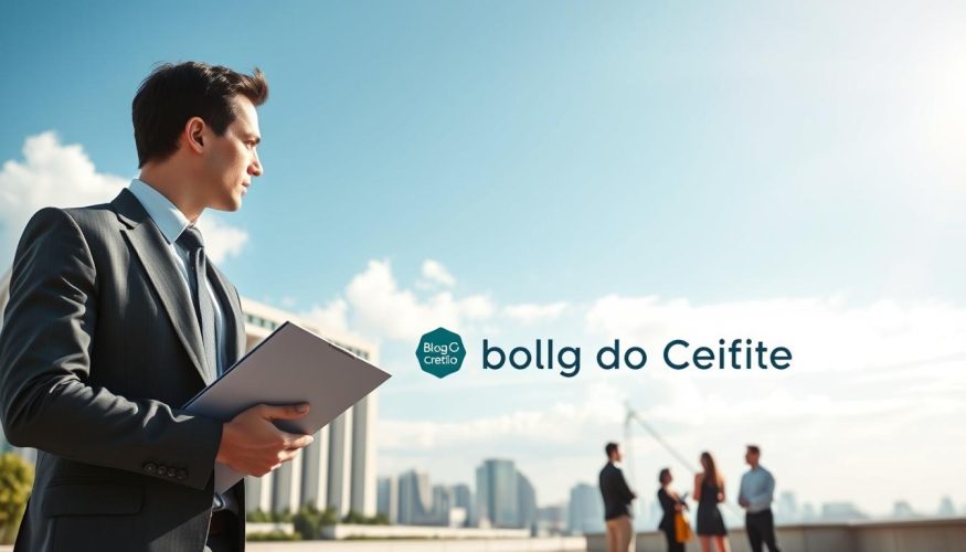 An artistic representation of the Banco Central of Brazil, featuring a modern, imposing building against a backdrop of the city's skyline. In the foreground, a professional in business attire holds a clipboard, symbolizing economic oversight. In the middle ground, a diverse group of individuals engages in a discussion, showcasing a collaborative approach to financial matters. The background should display a clear blue sky juxtaposed with translucent clouds, creating an optimistic atmosphere. The lighting is bright and uplifting, emphasizing the importance of transparency in economic policies. A wide-angle view captures the grandeur of the structure while retaining focus on the interaction between the people. The style is realistic, emphasizing professionalism and trust. Include a subtle logo of "Blog do Crédito" integrated into the setting without any text overlays.