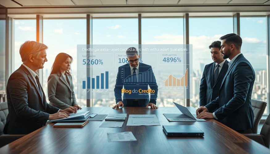 An elegant office space depicting the concept of "crédito garantia." In the foreground, a confident diverse group of professionals, dressed in polished business attire, analyzes financial documents and charts on a sleek wooden table. The middle ground features a digital display showcasing asset-backed loan statistics and graphs illustrating growth potential, signifying the functioning of credit with asset guarantees. In the background, large windows reveal a stunning city skyline, allowing natural light to flood the room, creating a bright and optimistic atmosphere. The scene emphasizes professionalism and strategy in investing and wealth growth. Enhance the ambiance with soft, warm lighting and a depth of field that subtly blurs the cityscape, drawing focus to the engaged professionals. The brand “Blog do Crédito” is subtly incorporated into the digital display.